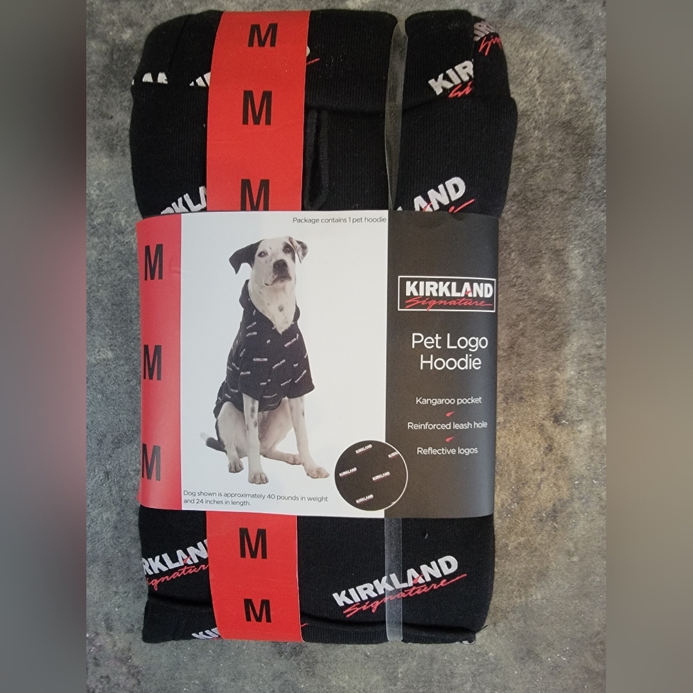 NWT Kirkland Signature Logo Costco Pet Hoodie Shirt Black, Dog Size M